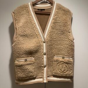 Maje Beige Sherpa Teddy Vest — Logo Detail, Size 1 (S)